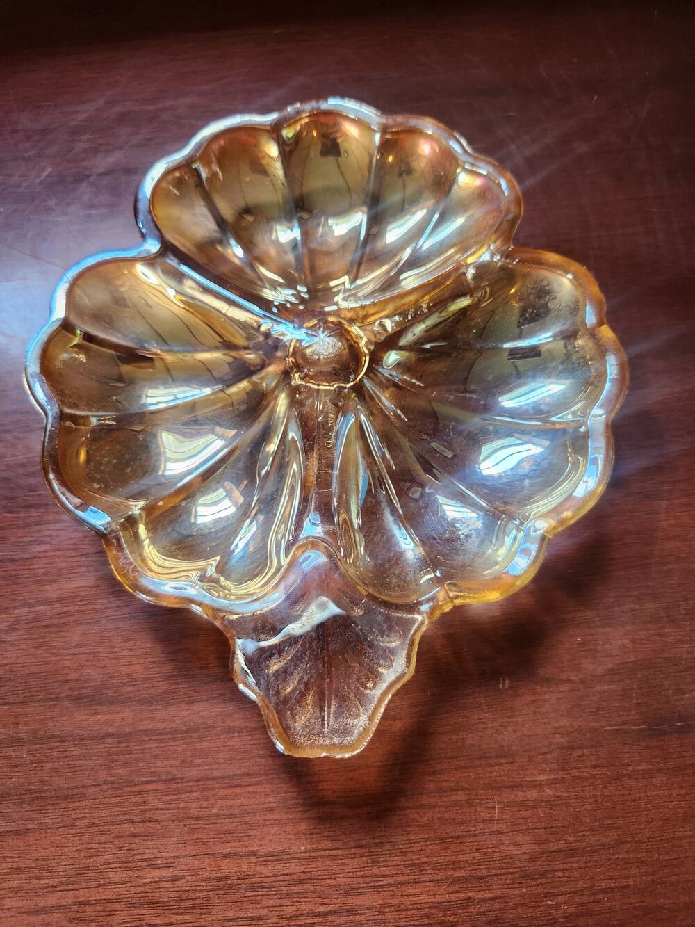 Vintage Marigold Carnival Glass Flower Shaped Divided Relish Dish Iridescent